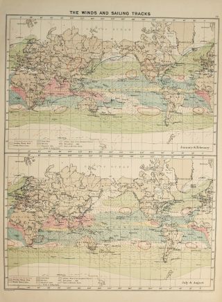 1913 Large Mercantile Marine Map Winds & Sailing Tracks Monsoons Cyclones