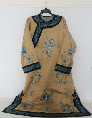 Antique Chinese Silk Embroidered Robe W/ Floral & Butterfly Motifs Blue & Gold