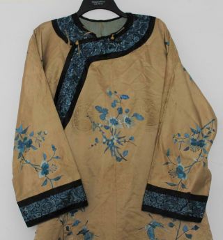 Antique Chinese Silk Embroidered Robe w/ Floral & Butterfly Motifs Blue & Gold 2