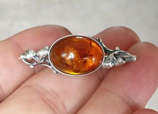 Vintage Signed Jewellery Art Nouveau Real Amber 925 Silver Floral Brooch Pin