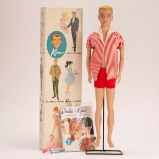 Vintage Mattel Barbie Blonde Hair Ken Doll Toy With Pedestal & Book