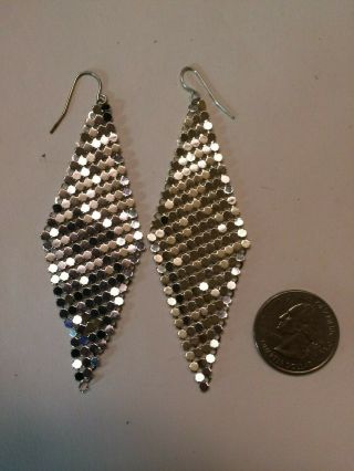 Vtg ' 70 WHITING & DAVIS mesh filigree pendant dangle silver tone earrings 2