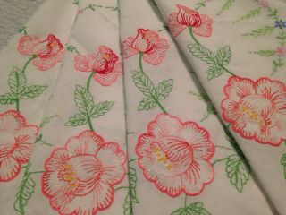 Vintage Hand Embroidered White Linen Tablecloth With Lovely Large Roses