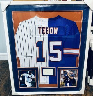 1/1 Tim Tebow Signed Framed Florida Gators / York Mets Jersey Jsa Auto