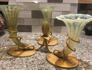Antique Vasoline Glass Epergne Vase W 3 Horns And Gilt Gold Wash Lily Pad Base