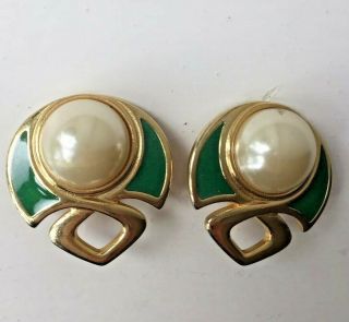 Vintage 80s Statement Large Clip On Earrings Faux Pearl Green Enamel Costume