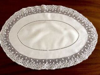 Vintage Large Oval Off White Linen & Lace Table Centre Doiley 27x18 Inches