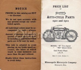 Minneapolis Motorcycle Company Antique Auto - Cycle Parts Booklet 1911 - 1912 2