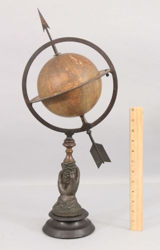 Small 19thc Antique Juvet & Co 6in World Globe W/ Figural Hand Base & Arrow Axis