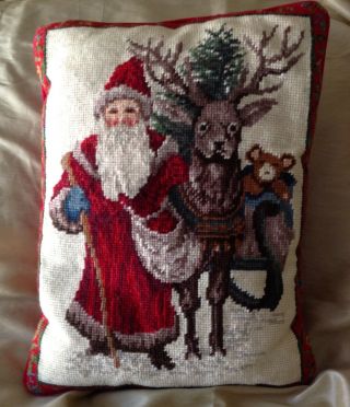 Vintage Wool Needlepoint Christmas Pillow,  Old World Santa With Reindeer