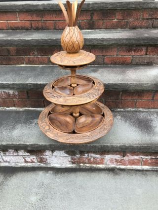 Vintage Carved 3 Tier Wooden Lazy Susan With Pineapple Topper