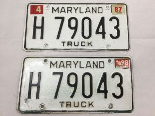 Set Of 1987 Maryland Truck License Plates Black And White H 79043