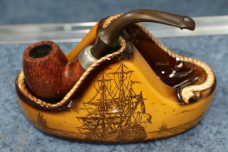 Vintage Ceramic Pipe Rest Holder With Match Striker On Base,  Complete With Pipe