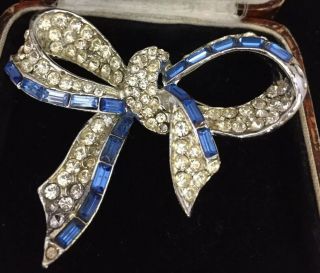 Vintage Art Deco Jewellery Sparkling Sapphire Baguette Crystal Bow Brooch