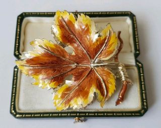 Stunning Vintage Costume Jewellery Large Enamel Leaf Brooch By Exquisite