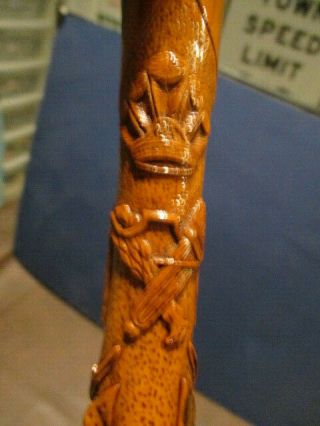 Ussb.  178c: Antique Folk Art W/ Many Relief Hunting Carvings Walking Stick Cane