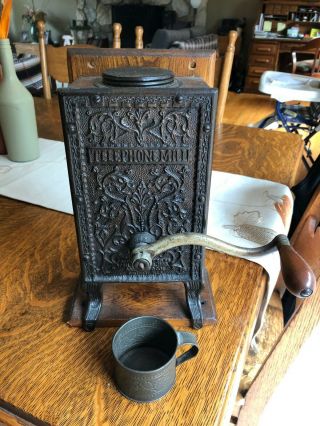 Telephone Coffee Grinder Antique Arcade Burr Mill Wall Mount Victorian Cast Iron