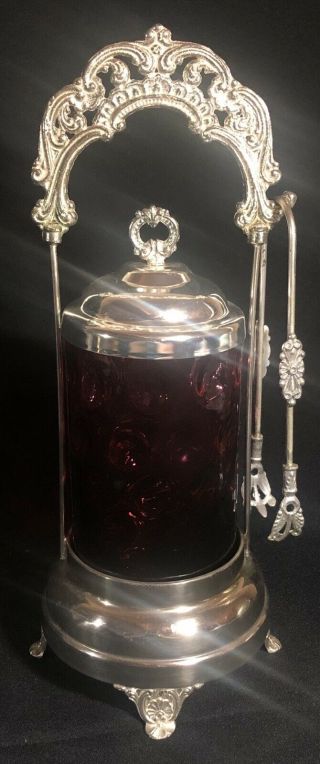 Antique Cranberry Thumbprint Glass Silver - Plated Pickle Castor With Tongs