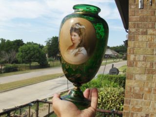 9 - 1/2 " Antique Bohemian Victorian Emerald Green Gold Gilt Vase W/ladies Portrait