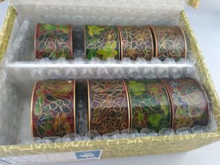 Vintage Chinese Cloisonne Floral Napkin Rings Set Of 8 Hand Made W Box