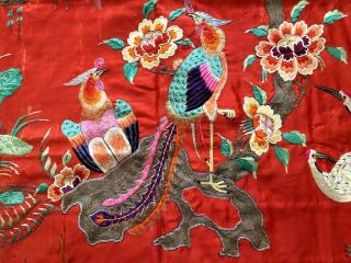 Antique Chinese Silk Embroidery Tapestry Textile Panel W Peacock & Birds,  33 