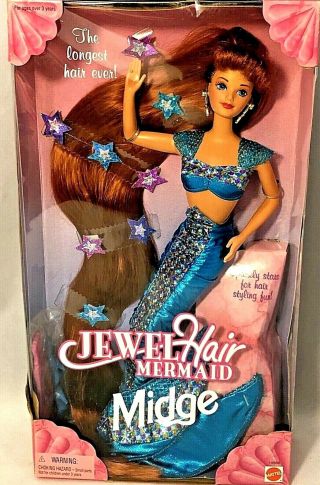 1995 Mattel Jewel Hair Mermaid Midge Barbie Doll 14589 Longest Hair Dented Box