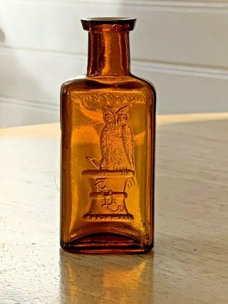 Antique Amber Glass Embossed Owl Drug Medicine Cure Bottle - 4 "
