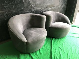 Pair Nautilus Swivel Lounge Chairs Vladimir Kagan Post Modern Mid Century Grey
