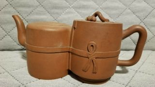 Antique Chinese Yixing Zisha Clay Teapot With Double Barrel Design