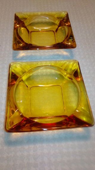 Two Vintage Amber Glass Square Cigarette Ashtray Mid Century Decor Star Shape 6 "