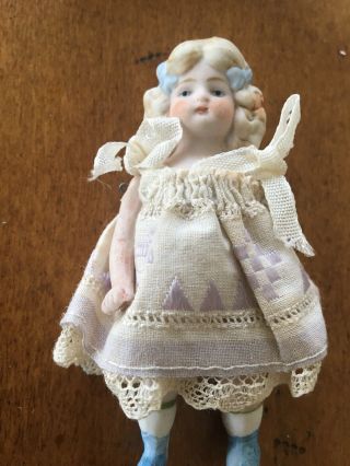 Antique Bisque Doll,  3.  5 ",  Wire Jointed Bisque,  Germany Linen Dress