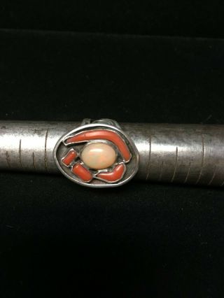 Antique Sterling Silver Ring With Fire Opal Cabochon And Red Coral Inlay Size 7