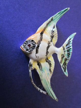 Vintage Antique Silver Enamel Marcasite Fish Brooch Pin
