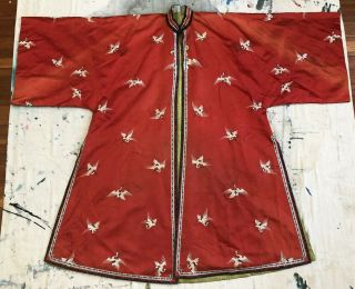 Antique Chinese Red Silk Embroidered Robe Cranes Qing Dynasty 1900 Green Damask