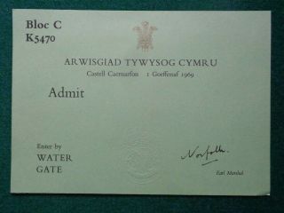 Antique Royal Admittance Ticket Investiture Prince Charles 1969 Carnarvon Castle
