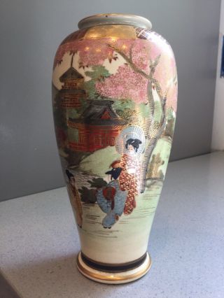 Vintage Hand Painted Japanese Satsuma Vase GeishaCherry Blossoms 7.  5 