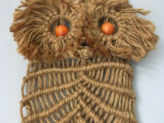 Vintage Hand Made Macrame Jute Owl With Wood Bead Eyes/seventies Fiber