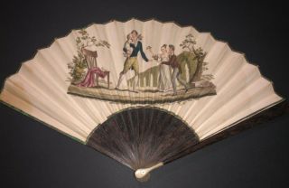 Fine Antique French Empire Carved Wood Engraving Figural Family Scene Fan