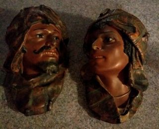 Vintage Chalkware Heads Bust Wall Hanging Gypsy Couple? Middle Eastern? Set Of 2