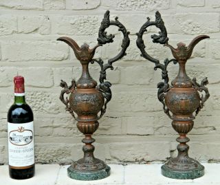 Pair Antique French Castle Gothic Spelter Bronze Marble Ewer Pitcher Vase Dragon