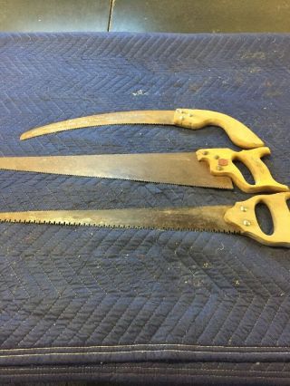 3 Vintage Wood Handled Hand Saws 1 Double Sided One Straight One Curved