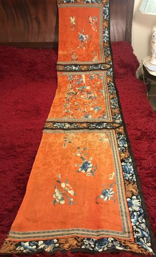 ANTIQUE 19th c QI ' ING CHINESE DAMASK SILK EMBROIDERED BANNER EMBROIDERY 219 cm L 2