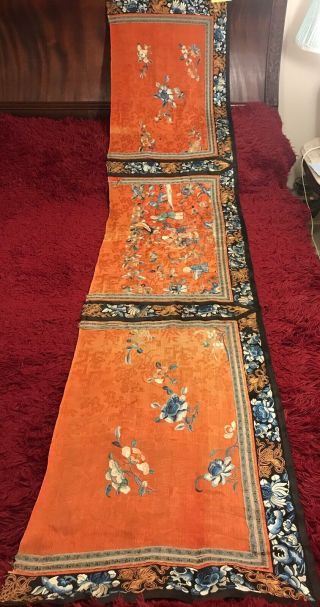 ANTIQUE 19th c QI ' ING CHINESE DAMASK SILK EMBROIDERED BANNER EMBROIDERY 219 cm L 3
