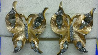 Fabulous Vintage Signed Crown Trifari Rhinestone Butterfly Clip Earrings