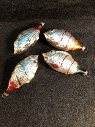 4 Vintage Antique Red Blue Green Orange Glass Fish Christmas Ornaments Shoaling