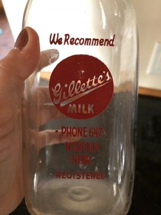 Vintage /antique Gillette’s Quart Milk Bottle Glass Norfolk,  Ne Nebraska