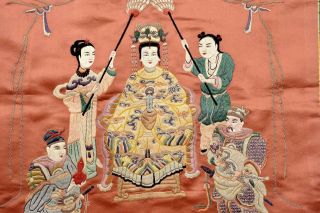 Old Chinese Silk Embroidery Panel Buddha Temple Goddess Mazu 媽祖 & Warrior 85cm