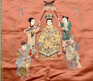 Old Chinese Silk Embroidery Panel Buddha Temple Goddess Mazu 媽祖 & Warrior 85CM 2
