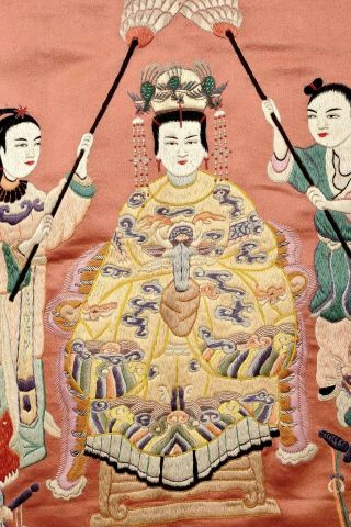 Old Chinese Silk Embroidery Panel Buddha Temple Goddess Mazu 媽祖 & Warrior 85CM 3