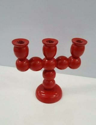 Vintage Swedish Candle Holders,  Mid Century Candlestick Red Wood Ball Candelabra